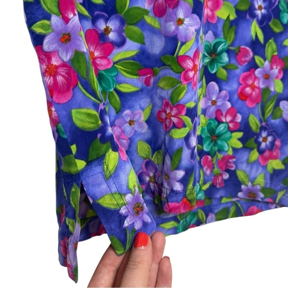 Vintage 90s Silk Floral Shirt Top Size 8 Petite Purple Pink - Picture 6 of 9